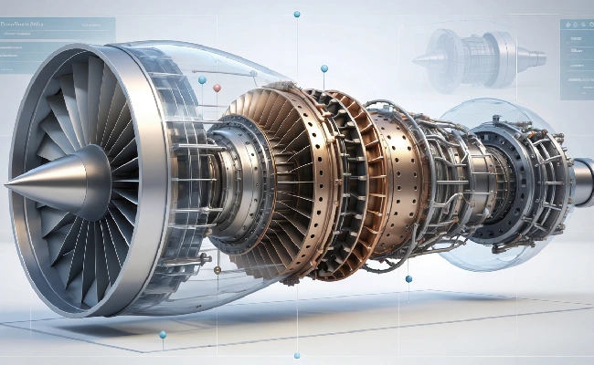 Cross-section of a jet engine showing compressor and turbine stages with metallic casings.
