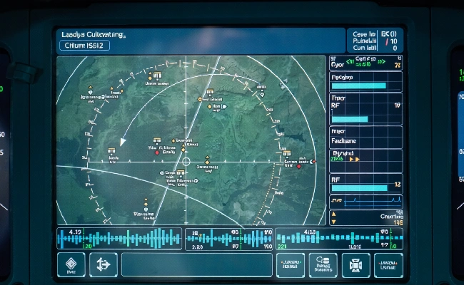 Radar screen displaying a circular map with waypoints and targets, right-side status bars, and a blue waveform timeline along the bottom.