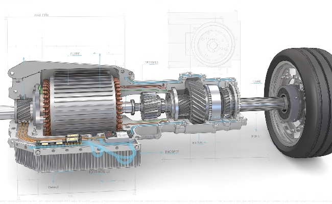 Cutaway illustration of an electric vehicle drivetrain showing the motor, gears, shafts, and a rear wheel.
