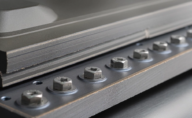 Close-up of stacked metal plates and a row of hex bolts along a steel beam.