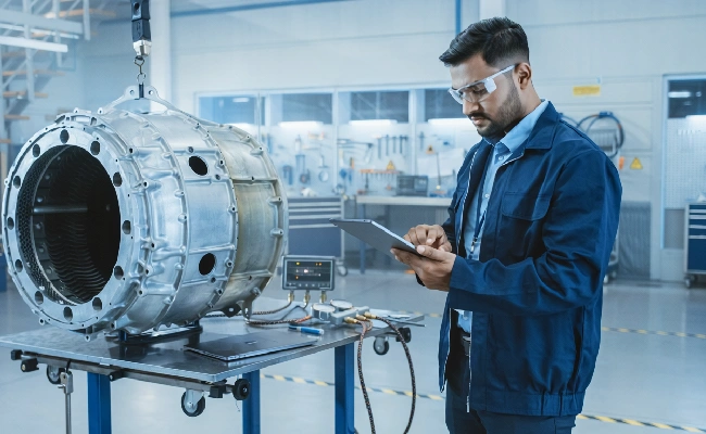 Engineer in safety glasses inspects a large industrial part on a workstation in a factory lab setting.