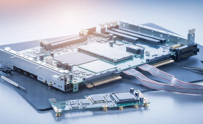 Close-up of a server motherboard with PCIe expansion cards and ribbon cables on a blue work surface, showing circuit boards and connectors.