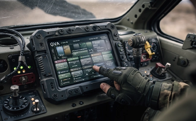 Gloved hand touching a rugged touchscreen flight panel in a cockpit, showing mission control options.