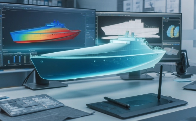 3D-rendered yacht model on a design workstation with multiple monitors showing ship models behind it
