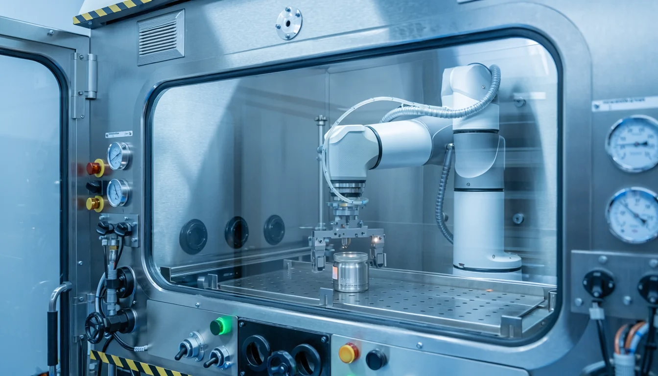 Industrial robotic arm operating inside a sealed stainless steel automation chamber with a perforated worktable