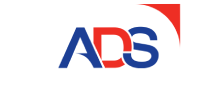 ADS logo: blue lettering with a red curved accent on the top-right.