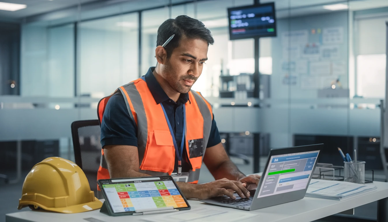 Construction worker in an orange safety vest works on a laptop at a desk, with a yellow hard hat and tablet nearby in a modern office.