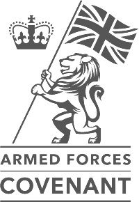 UK Armed Forces Covenant logo: a lion holding a Union Jack flag with the text 'Armed Forces Covenant' underneath.