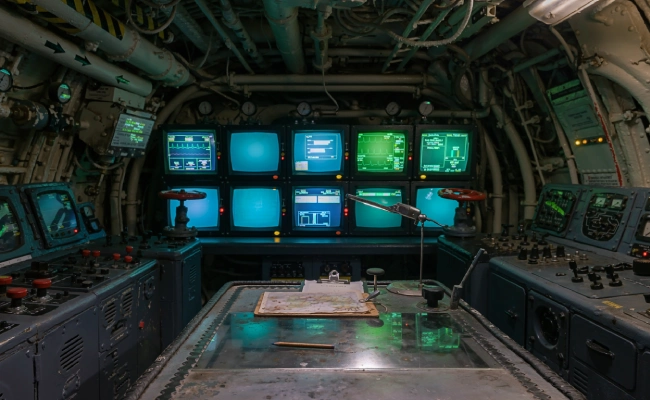 Submarine control room with multiple blue and green monitor screens, dials, and a central map table, dim metal walls, and control levers.