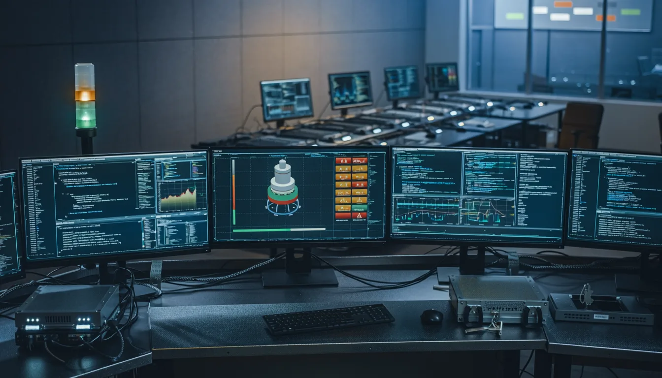 Control room workstation with multiple screens displaying code, graphs, and a 3D model, set in a dim, high-tech environment.