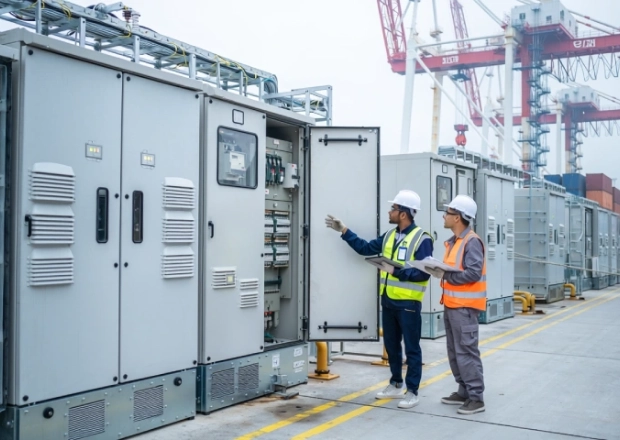 Two workers in hard hats and safety vests inspect an open electrical control cabinet outdoors at a port, with cranes in the background.