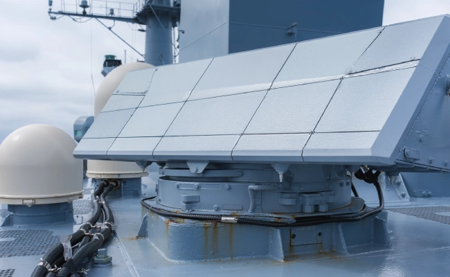 On a gray naval ship deck, a large flat-panel radar antenna sits on a rotating base, with cables and a beige domed sensor nearby.