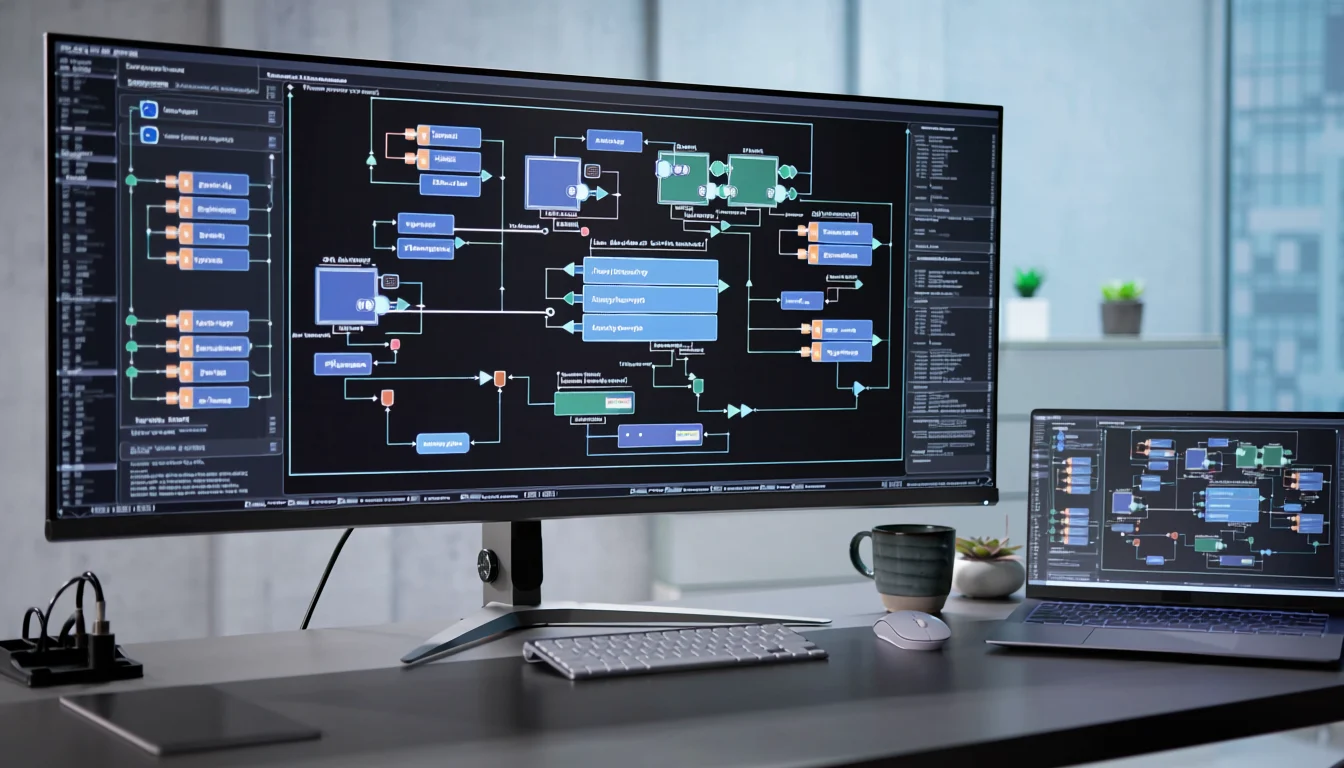 Large monitor and laptop display a complex flowchart diagram and data pipelines on a modern desk setup.