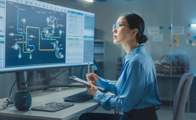 Scientist in a blue shirt examining a large monitor displaying a complex piping diagram in a lab setting.