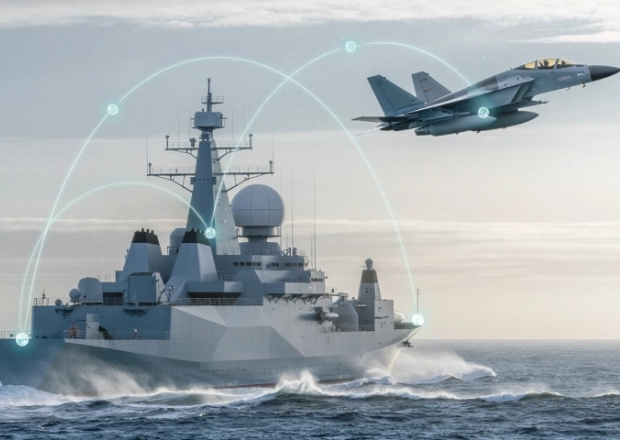 Naval destroyer at sea with a fighter jet overhead and glowing data-link arcs to show wireless communication.
