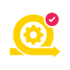 Yellow gear indicating settings with a curved arrow suggesting refresh/update, and a small pink notification badge.