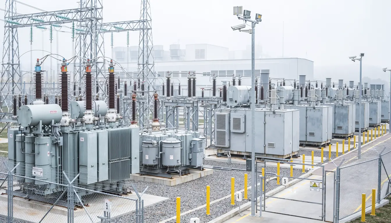 Industrial electrical substation with rows of transformers and high-voltage equipment behind a chain-link fence and yellow safety posts at ground level.