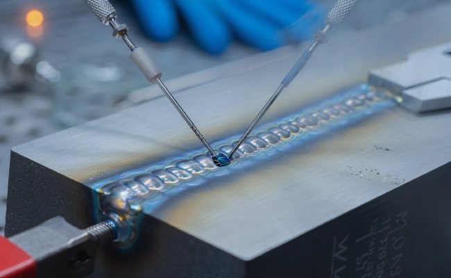 Close-up of a welded seam on a metal block being filled by two welding electrodes, with blue-gloved hands in the background.
