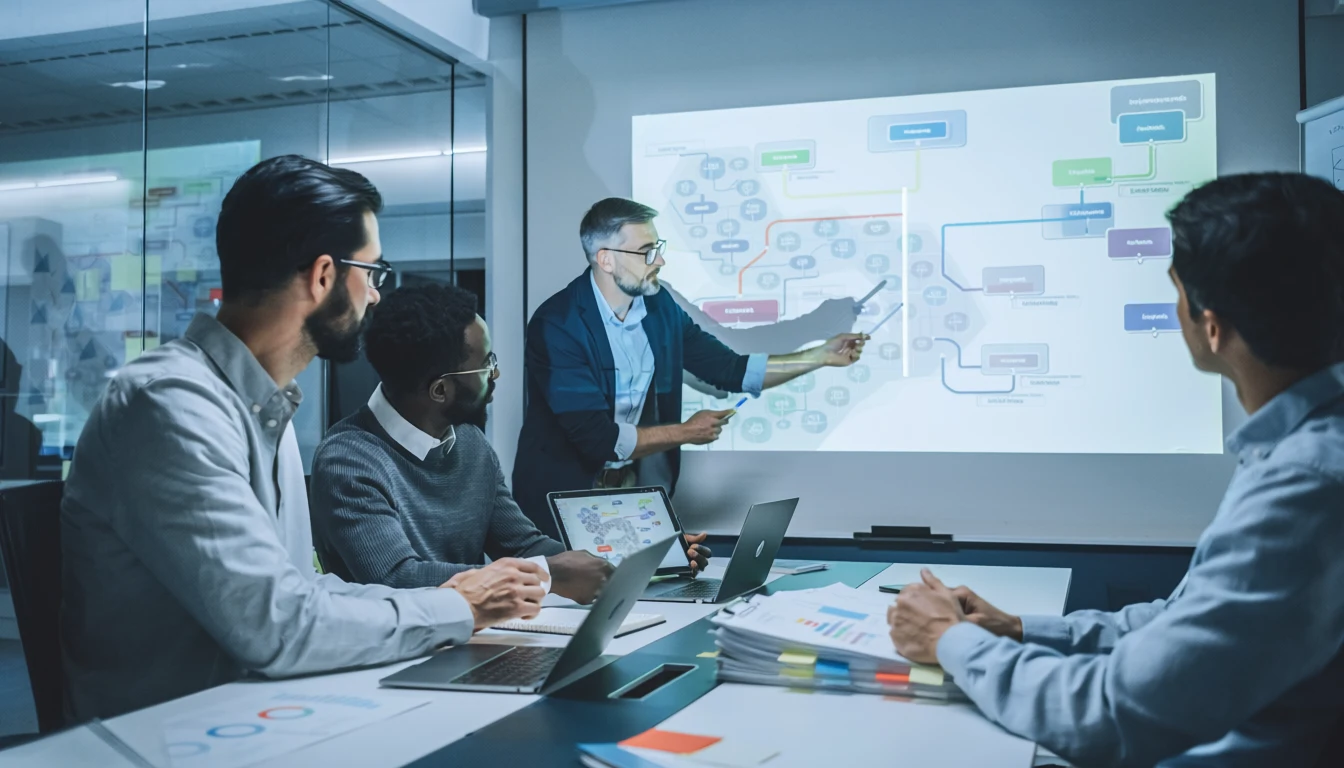 Team in a conference room watching a presenter explain a large flowchart projected on the wall.