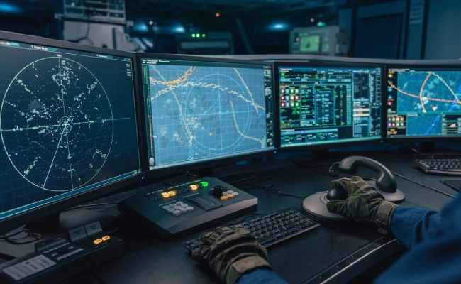 Operator monitors multiple radar and telemetry screens at a dim control station, wearing gloves and headset on a dark, high-tech console