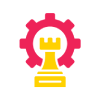 Pink gear with a yellow chess king piece in front, symbolizing strategy in tech.