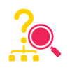 Help search icon: a yellow question mark paired with a pink magnifying glass indicating seeking help