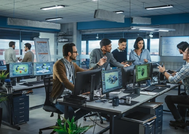 Six professionals in a modern open-plan office gather around a cluttered desk with multiple monitors displaying graphs and models, discussing work.
