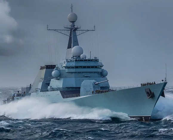 Gray military destroyer cutting through rough seas, radar domes and antennas on the superstructure visible as it sails toward the viewer.