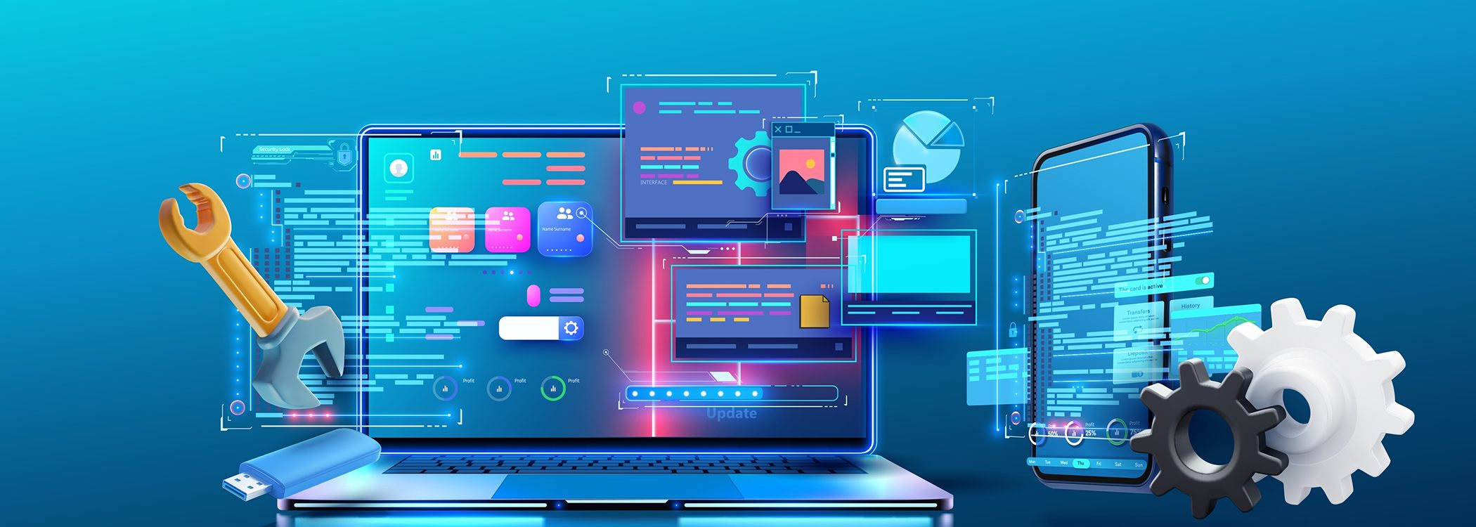 Futuristic tech concept: a laptop, smartphone, gears, and a wrench symbolizing IT maintenance and software engineeringPractice.