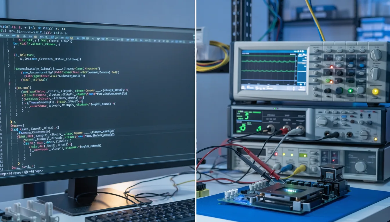 Split-image setup: code on a monitor left, testing lab equipment and a circuit board on the right side.