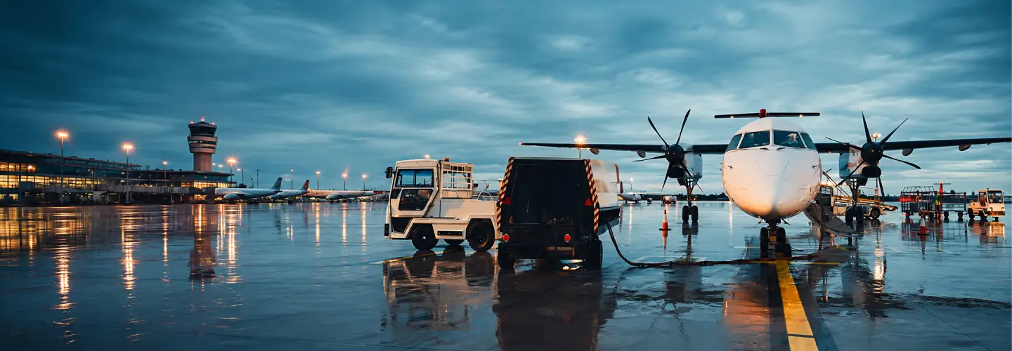 Wide view of an airport apron at dusk, with a white propeller aircraft being refueled and reflections on the wet tarmac.