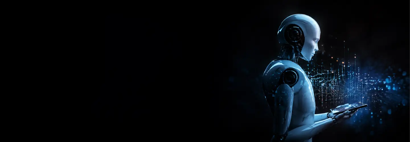 Blue-toned android stands in a dark background, looking at a tablet as glowing data streams emerge around it.