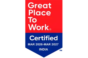 Great Place To Work Certified badge with red top and blue bottom, showing 'Certified' and dates MAR 2026–MAR 2027 INDIA.