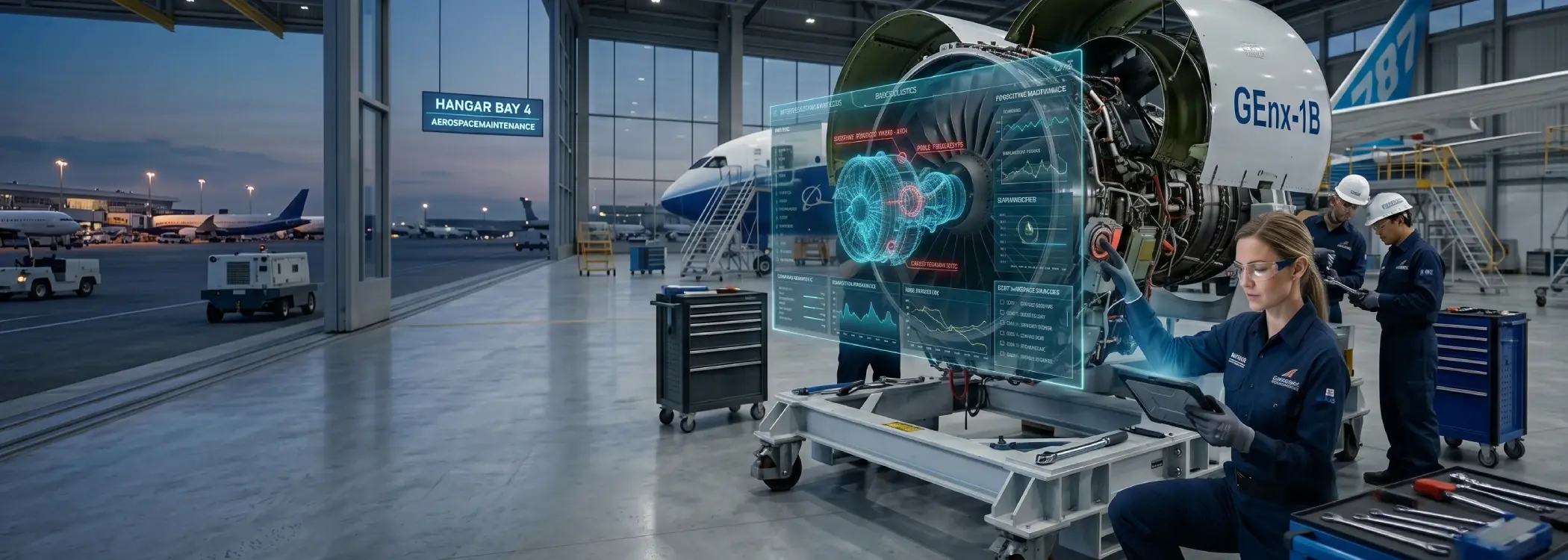 Technician in safety glasses monitors a jet engine on a stand while a translucent holographic diagnostic display shows graphs and diagrams.