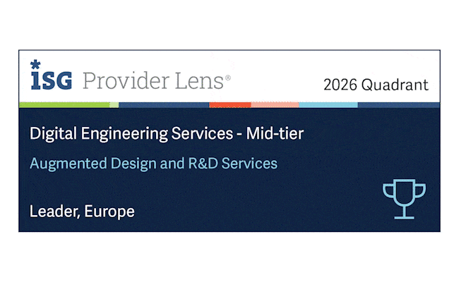 ISG Provider Lens 2026 Quadrant banner: Digital Engineering Services – Mid-tier, Augmented Design and R&D Services; Leader, Europe, with trophy icon.