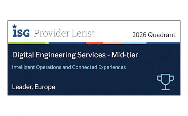 ISG Provider Lens 2026 Quadrant banner showing Digital Engineering Services – Mid-tier Leader, Europe, with a trophy icon.