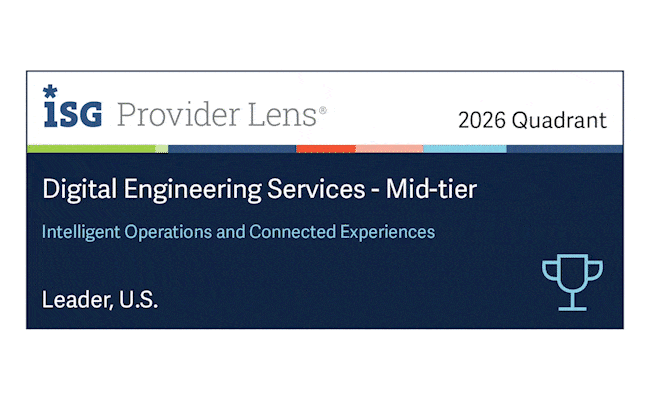 ISG Provider Lens 2026 Quadrant badge for Digital Engineering Services – Mid-tier, Leader, U.S., with subtitle ‘Intelligent Operations and Connected Experiences’