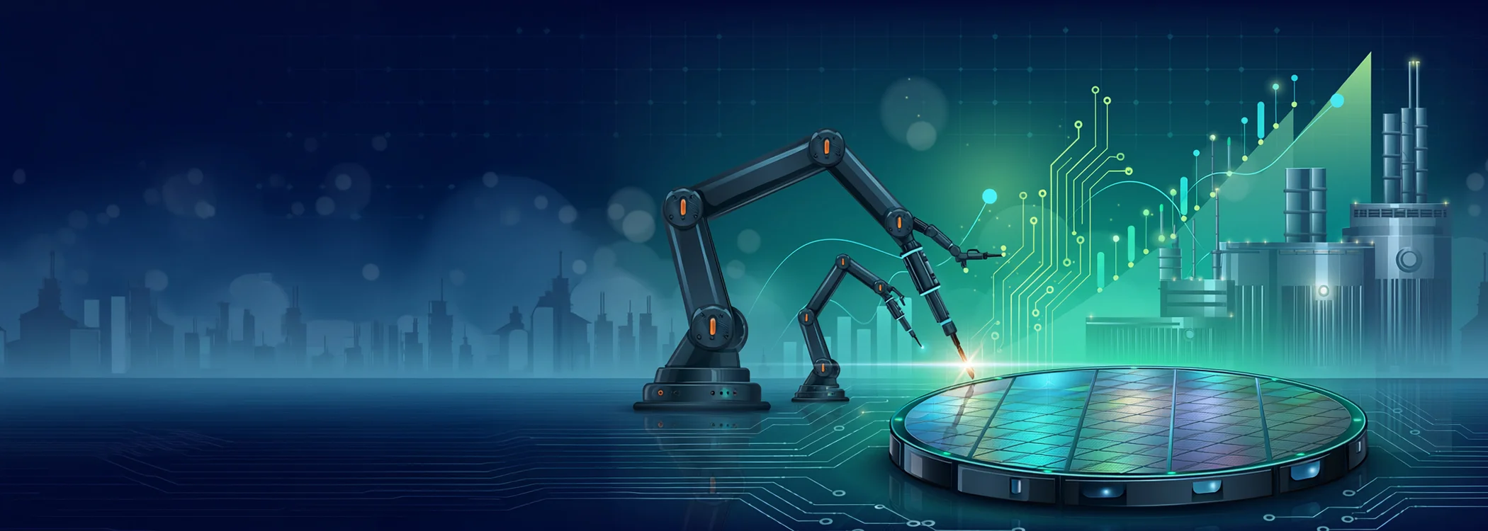 Two robotic arms at a glowing circular platform in a futuristic factory setting with circuit patterns in the background, blue-green hues.