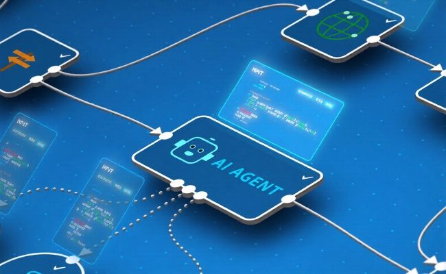 Isometric illustration of interconnected AI agent nodes with floating screens forming a blue digital network.