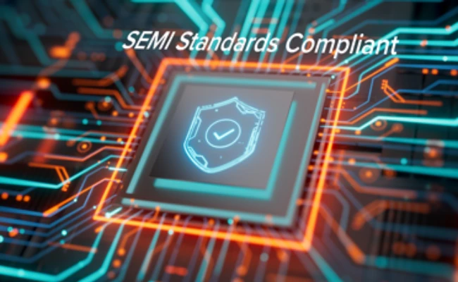 Glowing circuit board with a central microchip displaying a shield icon, and the text 'SEMI Standards Compliant' above.