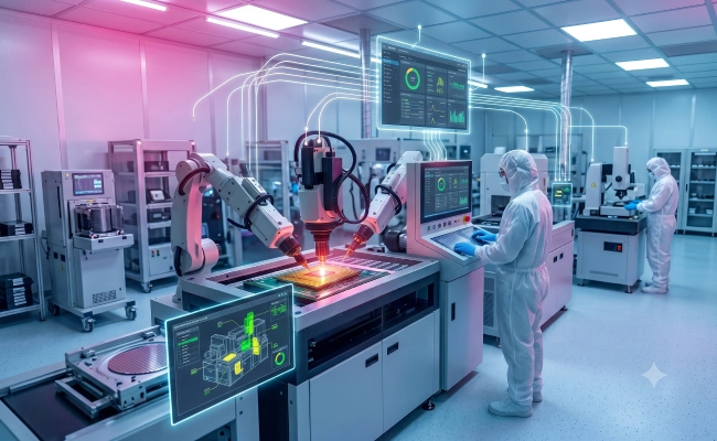 Automated manufacturing lab with robotic arms welding a piece while technicians in cleanroom suits monitor digital dashboards.