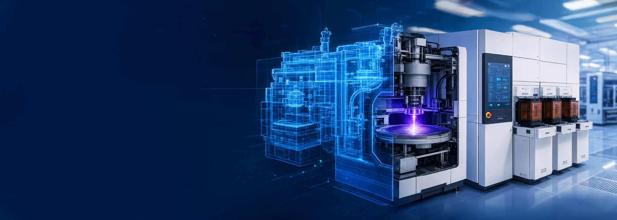 High-tech industrial machining system with a blue holographic blueprint projection overlays the machinery.