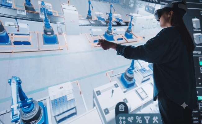 Person wearing a VR headset and pointing at a robotic factory floor on a large screen