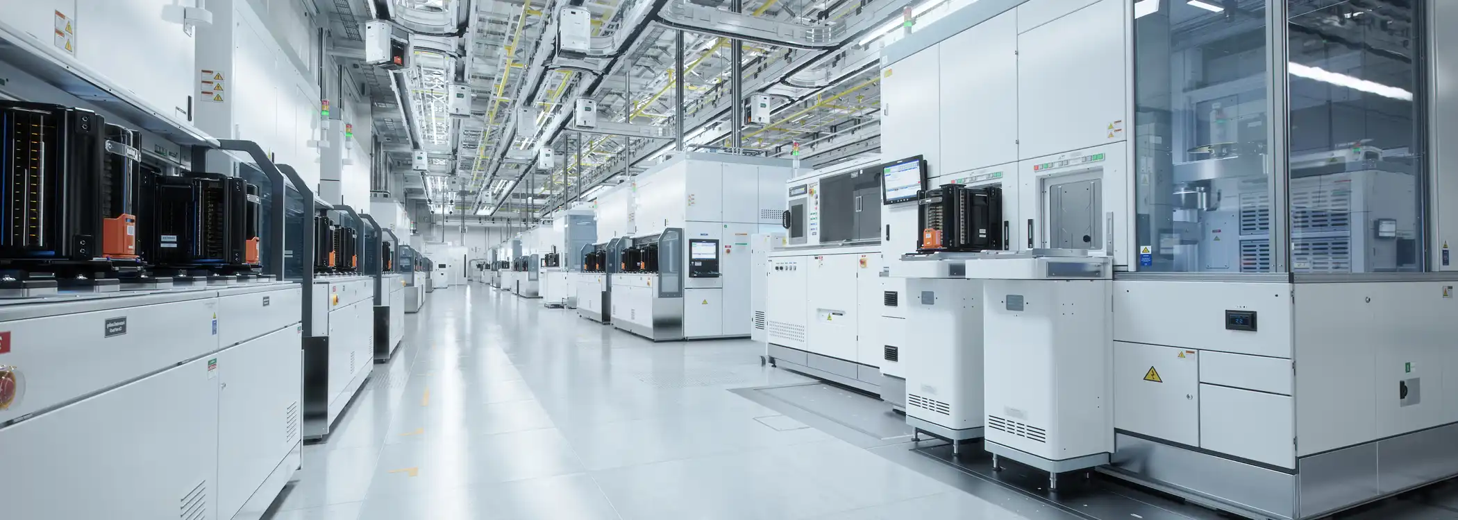 Wide view of a high-tech data center aisle with white automated machines and server cabinets lining both sides, in a bright, sterile environment—industrial equipment overhead.