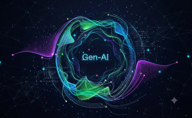 Abstract neon swirl with interconnected lines surrounding a glowing center that reads 'Gen-AI', conveying artificial intelligence concepts.
