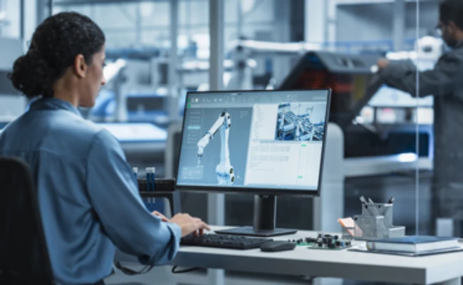 Engineer seated at a desk in a high-tech lab, editing a robotic arm design on a computer monitor.