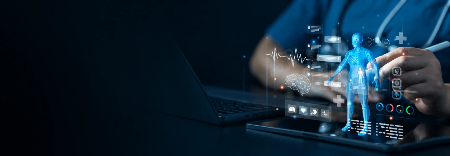 Blue holographic human figure with medical data projected from a tablet on a dark desk.