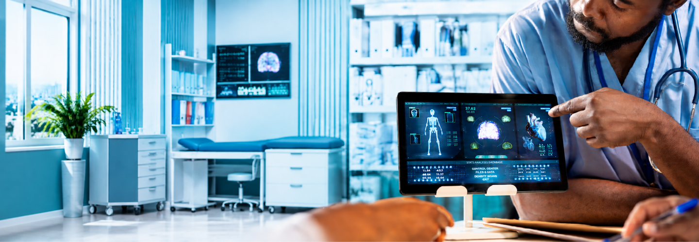 Healthcare professional using digital medical technology to analyze patient health data.