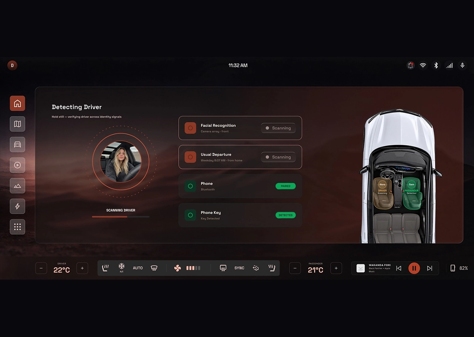 In-car driver-monitor UI showing facial recognition and departure checks, with a car cross-section on the right and a circular profile image on the left panel.