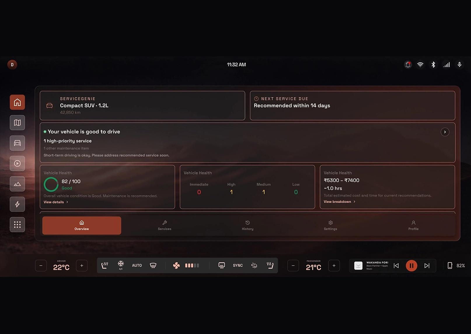 Car dashboard UI showing vehicle health and maintenance: 82/100, 'Your vehicle is good to drive', and cost estimates on a dark orange panel layout.